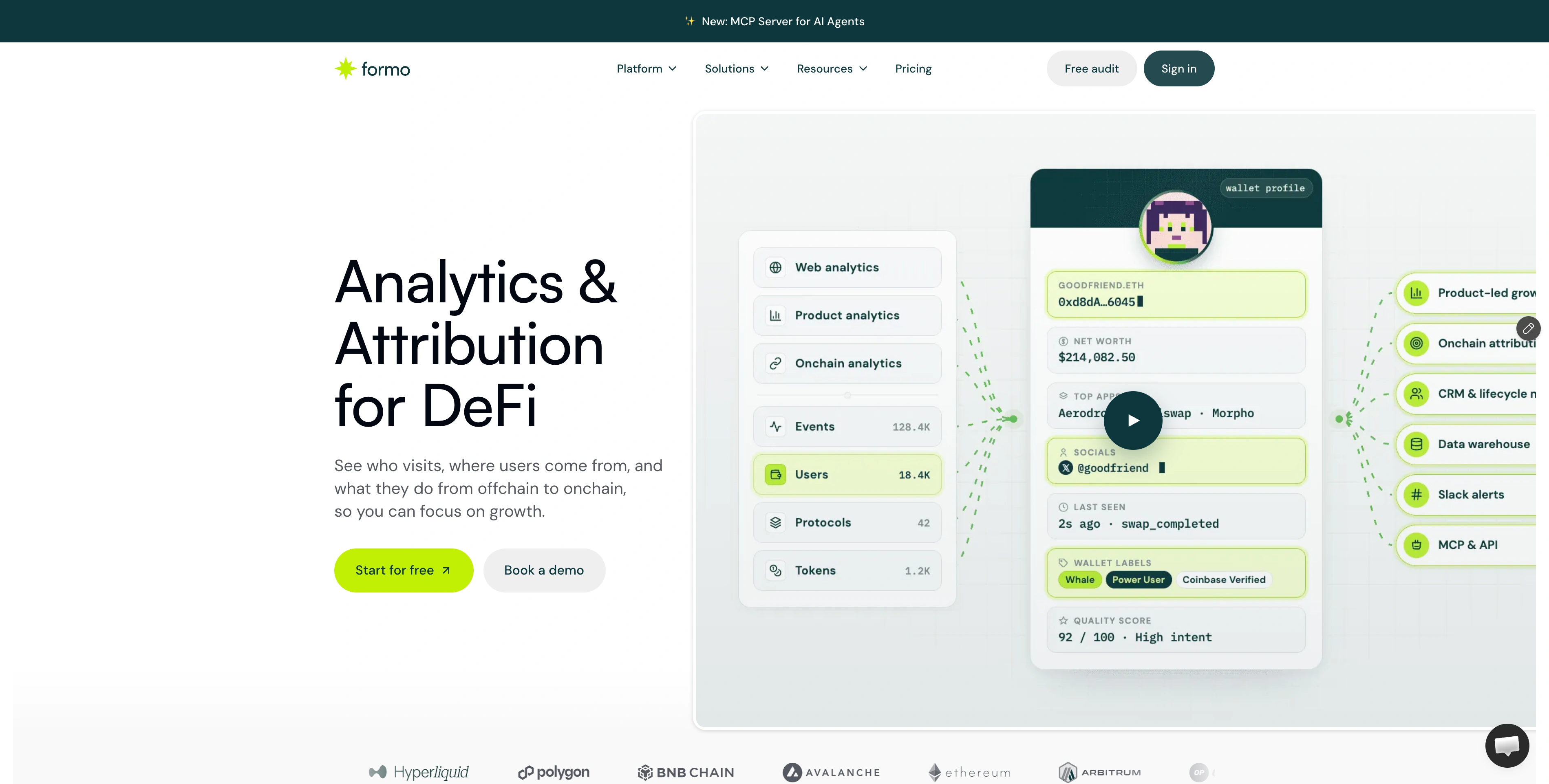 Formo homepage showing its Analytics and Attribution for DeFi headline, signup buttons, and wallet intelligence illustration.