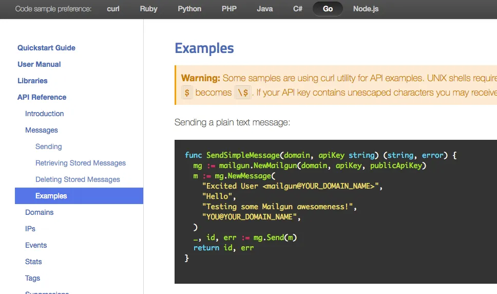 The Mailgun API docs allows you to pick the programming language code samples are shown in