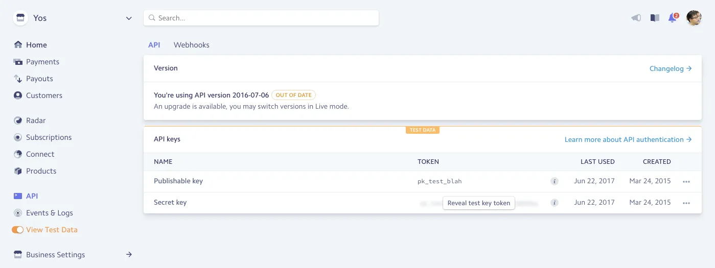 Your Stripe API dashboard