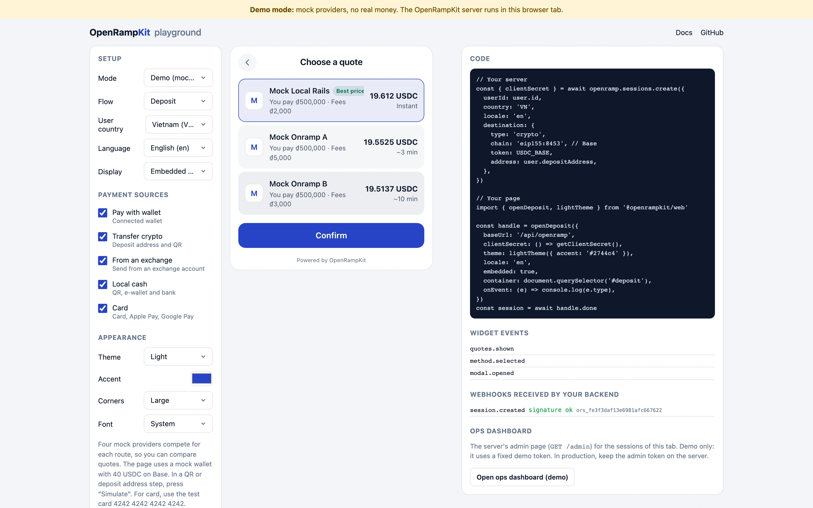 The OpenRampKit playground: a deposit modal comparing quotes from three providers for a VietQR payment, next to the setup options and the code.